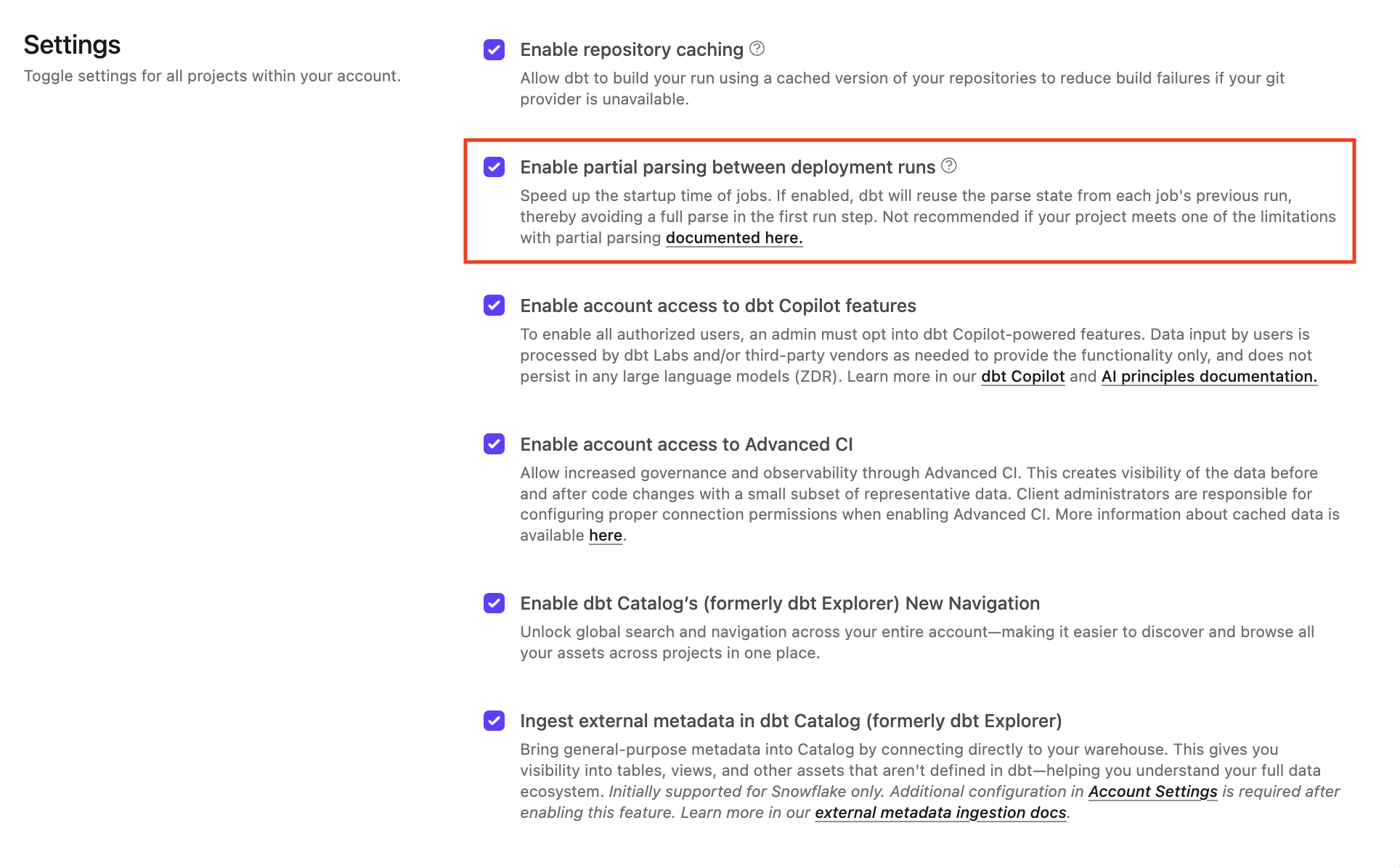 Example of the Enable partial parsing between deployment runs option Example of the Enable partial parsing between deployment runs option